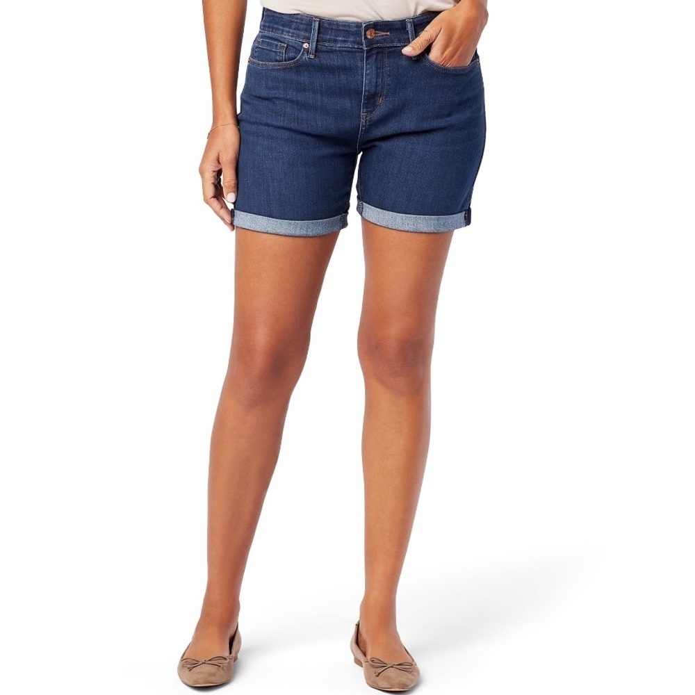 Levi Strauss & Co Signature Dark Wash Mid Rise Shorts Classic Cuffs Stretch Sz 2 - Picture 12 of 14